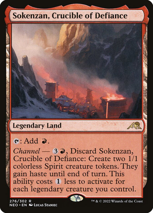 This Is An Image Of The Magic The Gathering Card Sokenzan, Crucible of Defiance From The Set Kamigawa: Neon Dynasty - Designed By Artist Lucas Staniec