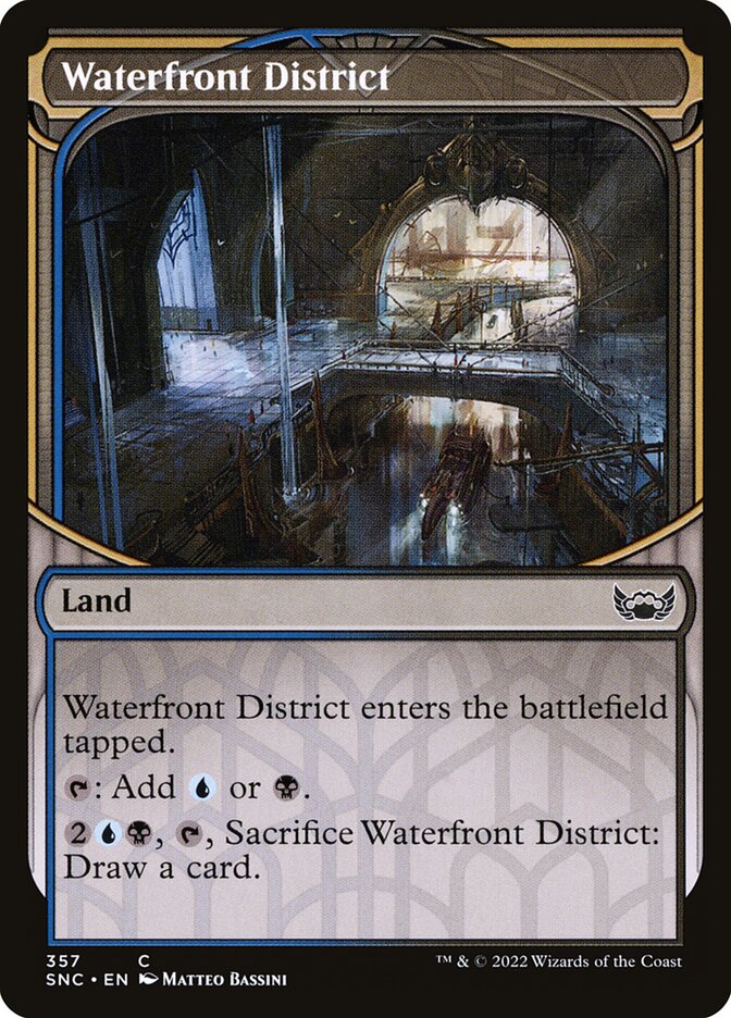 This Is An Image Of The Magic The Gathering Card Waterfront District From The Set Streets of New Capenna - Designed By Artist Alexander Forssberg