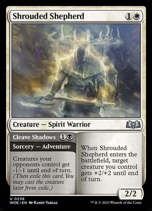 This Is An Image Of The Magic The Gathering Card Shrouded Shepherd // Cleave Shadows From The Set Wilds of Eldraine - Designed By Artist Randy Vargas
