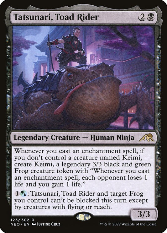 This Is An Image Of The Magic The Gathering Card Tatsunari, Toad Rider From The Set Kamigawa: Neon Dynasty - Designed By Artist Justine Cruz