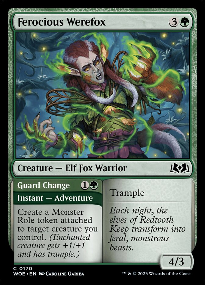 This Is An Image Of The Magic The Gathering Card Ferocious Werefox // Guard Change From The Set Wilds of Eldraine - Designed By Artist Caroline Gariba