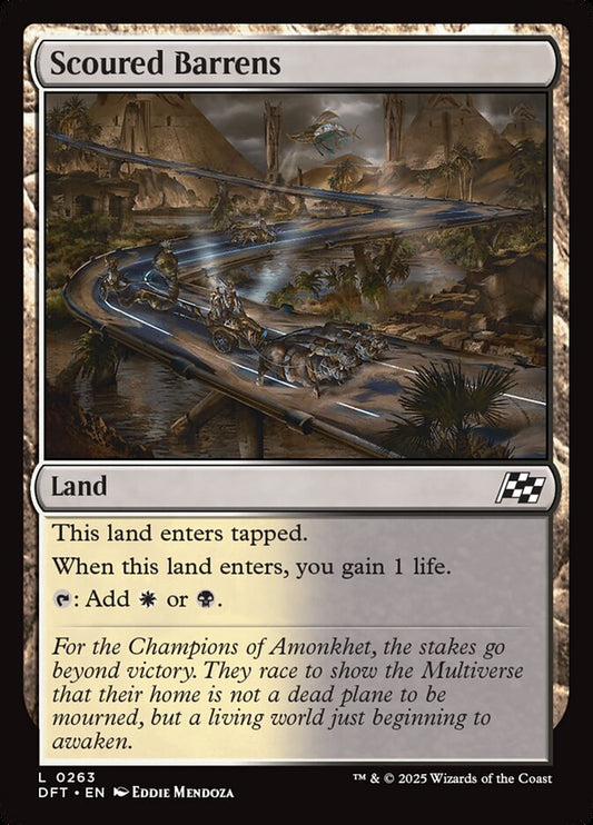 This Is An Image Of The Magic The Gathering Card Scoured Barrens From The Set Tarkir: Dragonstorm - Designed By Artist Brent Hollowell