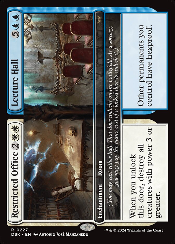 This Is An Image Of The Magic The Gathering Card Restricted Office // Lecture Hall From The Set Duskmourn: House of Horror - Designed By Artist Antonio José Manzanedo