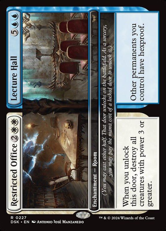 This Is An Image Of The Magic The Gathering Card Restricted Office // Lecture Hall From The Set Duskmourn: House of Horror - Designed By Artist Antonio José Manzanedo