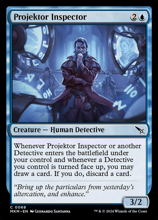 This Is An Image Of The Magic The Gathering Card Projektor Inspector From The Set Murders at Karlov Manor - Designed By Artist Leonardo Santanna