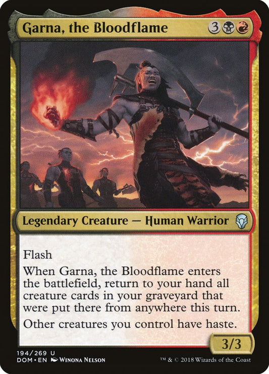 This Is An Image Of The Magic The Gathering Card Garna, the Bloodflame From The Set Dominaria United Commander - Designed By Artist Winona Nelson
