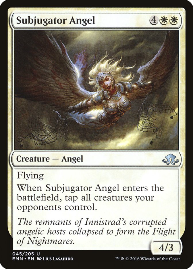 This Is An Image Of The Magic The Gathering Card Subjugator Angel From The Set Innistrad Remastered - Designed By Artist Lius Lasahido