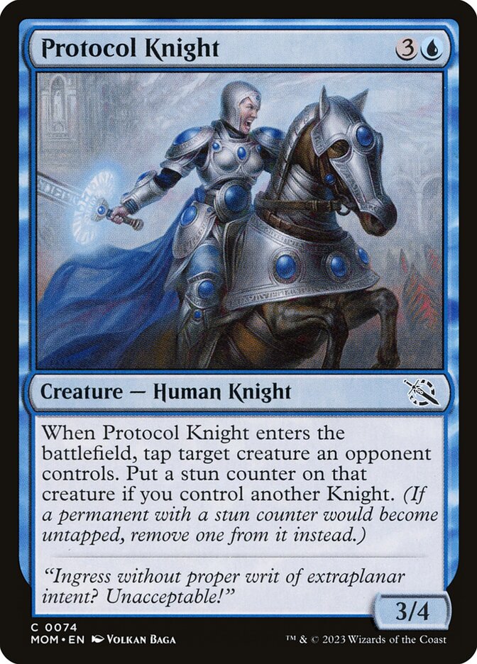 This Is An Image Of The Magic The Gathering Card Protocol Knight From The Set March of the Machine - Designed By Artist Volkan Baǵa