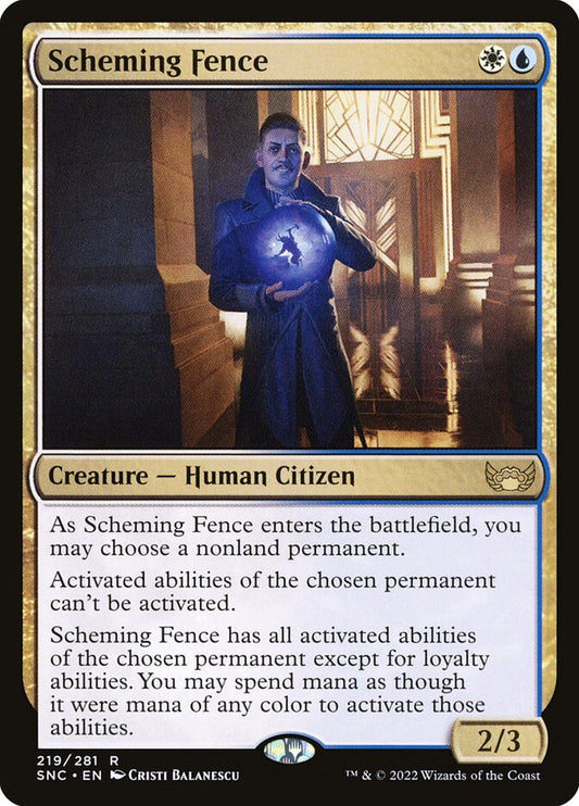 This Is An Image Of The Magic The Gathering Card Scheming Fence From The Set Streets of New Capenna - Designed By Artist Cristi Balanescu