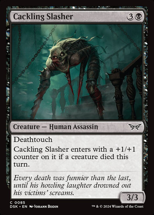 This Is An Image Of The Magic The Gathering Card Cackling Slasher From The Set Duskmourn: House of Horror - Designed By Artist Johann Bodin