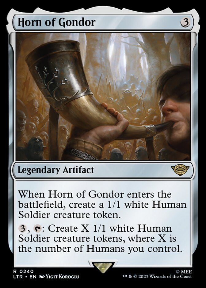 This Is An Image Of The Magic The Gathering Card Horn of Gondor From The Set The Lord of the Rings: Tales of Middle-earth - Designed By Artist Yigit Koroglu