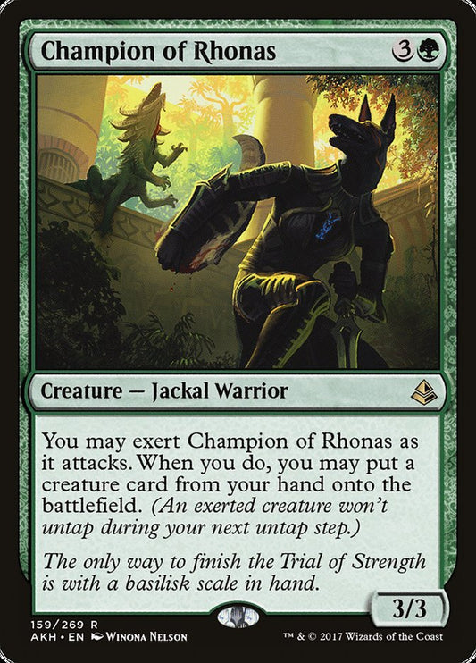 This Is An Image Of The Magic The Gathering Card Champion of Rhonas From The Set Amonkhet - Designed By Artist Winona Nelson