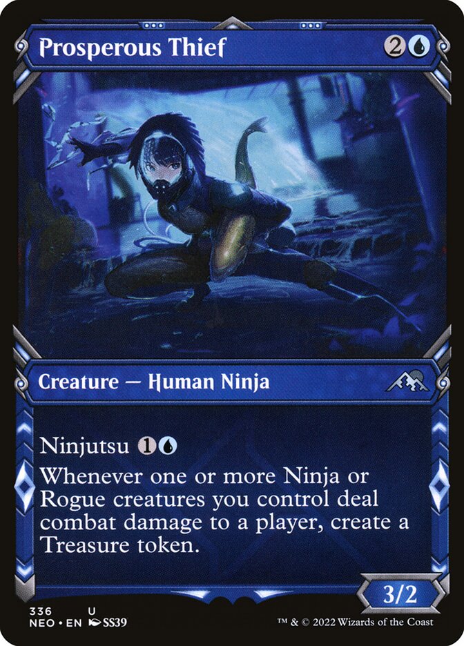 This Is An Image Of The Magic The Gathering Card Prosperous Thief From The Set Kamigawa: Neon Dynasty - Designed By Artist Fajareka Setiawan
