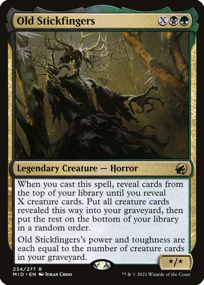 This Is An Image Of The Magic The Gathering Card Old Stickfingers From The Set Duskmourn: House of Horror Commander - Designed By Artist Jehan Choo
