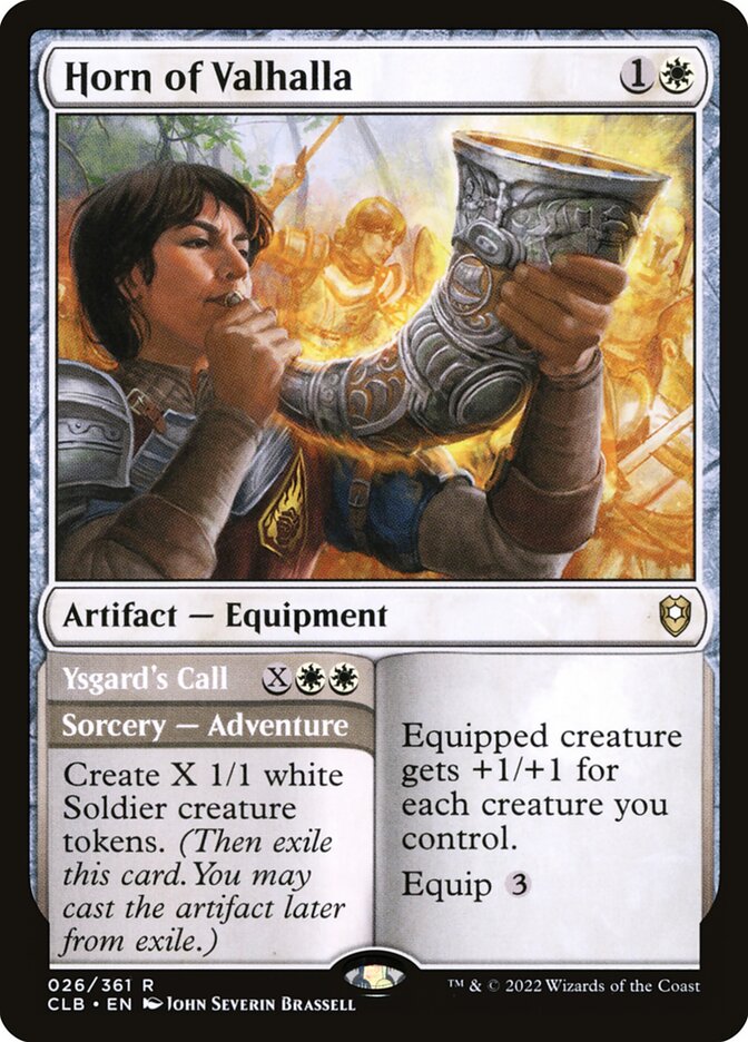 This Is An Image Of The Magic The Gathering Card Horn of Valhalla // Ysgard's Call From The Set Commander Legends: Battle for Baldur's Gate - Designed By Artist John Severin Brassell