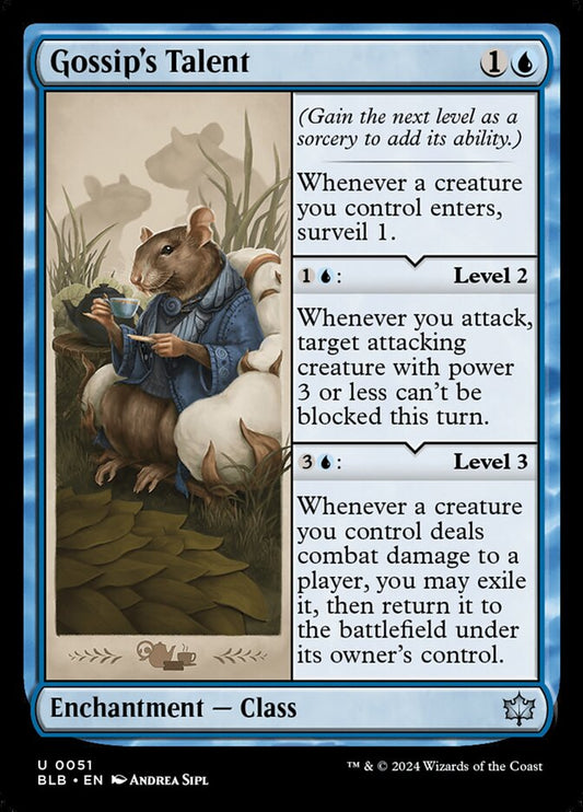 This Is An Image Of The Magic The Gathering Card Gossip's Talent From The Set Bloomburrow - Designed By Artist Andrea Sipl