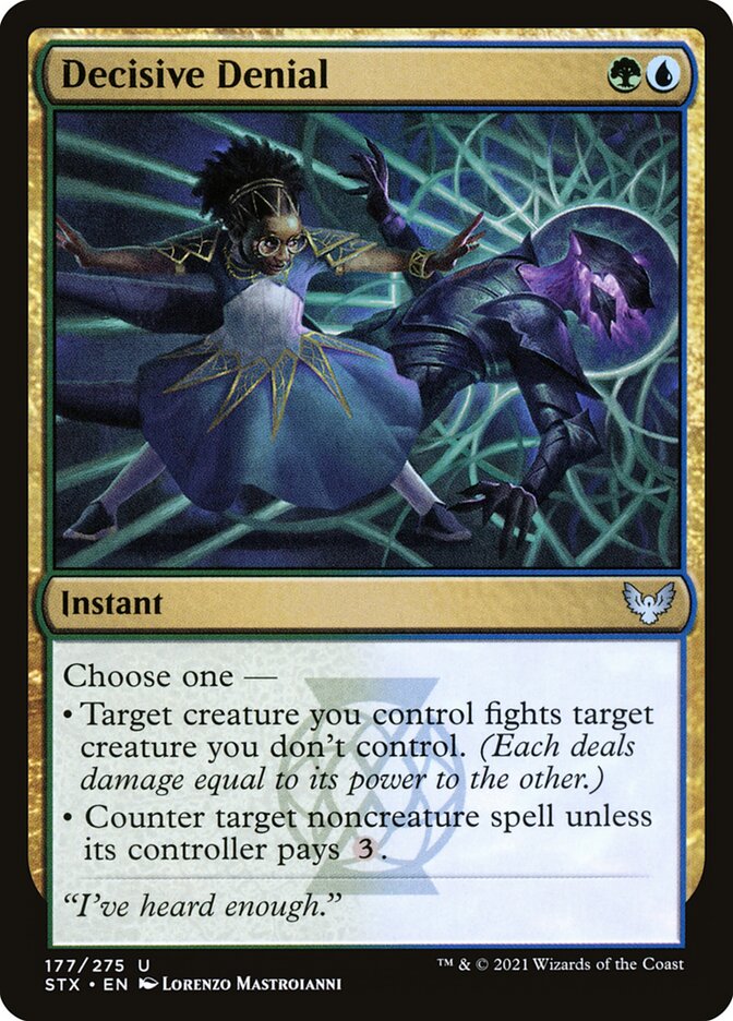 This Is An Image Of The Magic The Gathering Card Decisive Denial From The Set Strixhaven: School of Mages - Designed By Artist Lorenzo Mastroianni