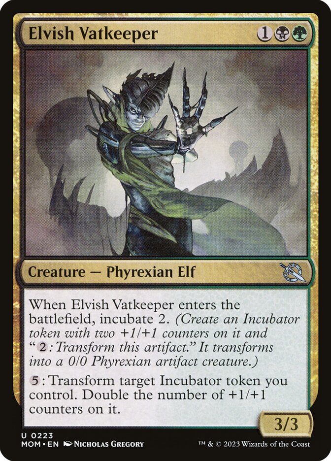 This Is An Image Of The Magic The Gathering Card Elvish Vatkeeper From The Set March of the Machine - Designed By Artist Nicholas Gregory
