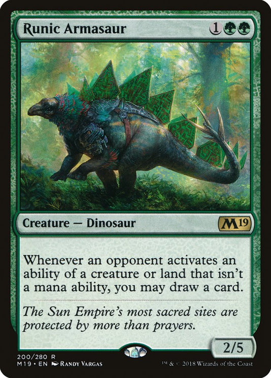 This Is An Image Of The Magic The Gathering Card Runic Armasaur From The Set The Lost Caverns of Ixalan Commander - Designed By Artist Randy Vargas