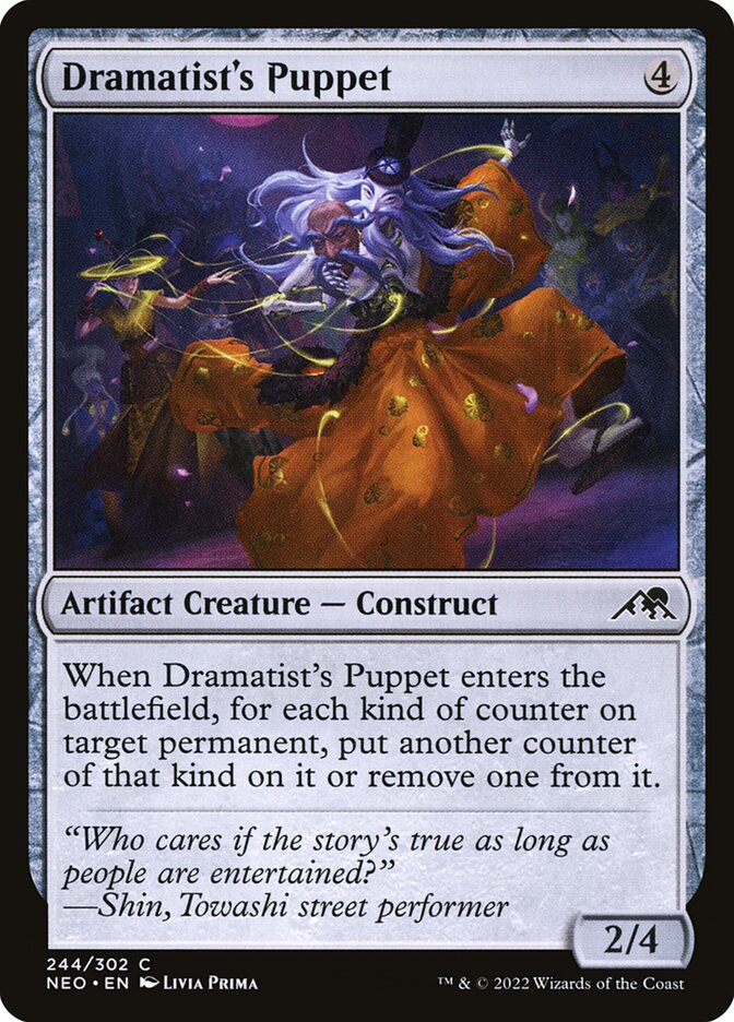 This Is An Image Of The Magic The Gathering Card Dramatist's Puppet From The Set Kamigawa: Neon Dynasty - Designed By Artist Livia Prima