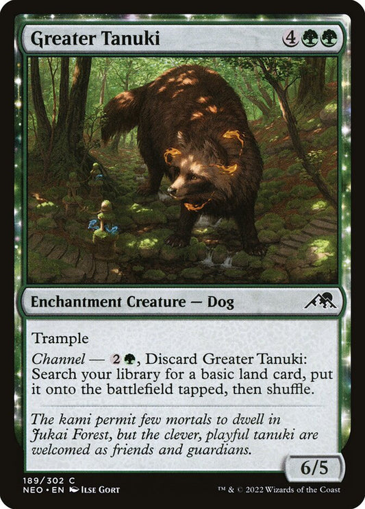 This Is An Image Of The Magic The Gathering Card Greater Tanuki From The Set Duskmourn: House of Horror Commander - Designed By Artist Ilse Gort