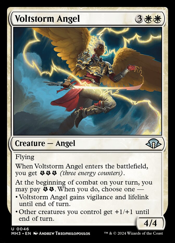 This Is An Image Of The Magic The Gathering Card Voltstorm Angel From The Set Modern Horizons 3 - Designed By Artist Andrew Theophilopoulos