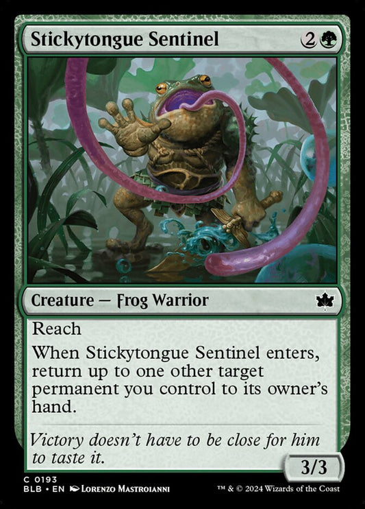 This Is An Image Of The Magic The Gathering Card Stickytongue Sentinel From The Set Bloomburrow - Designed By Artist Lorenzo Mastroianni