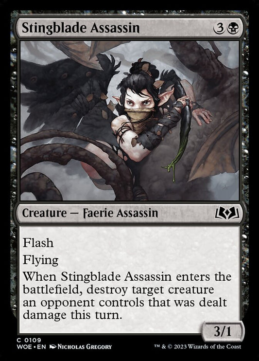 This Is An Image Of The Magic The Gathering Card Stingblade Assassin From The Set Wilds of Eldraine - Designed By Artist Nicholas Gregory
