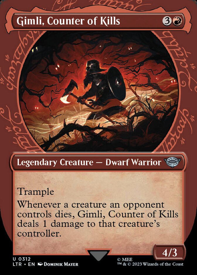 This Is An Image Of The Magic The Gathering Card Gimli, Counter of Kills From The Set The Lord of the Rings: Tales of Middle-earth - Designed By Artist Viko Menezes