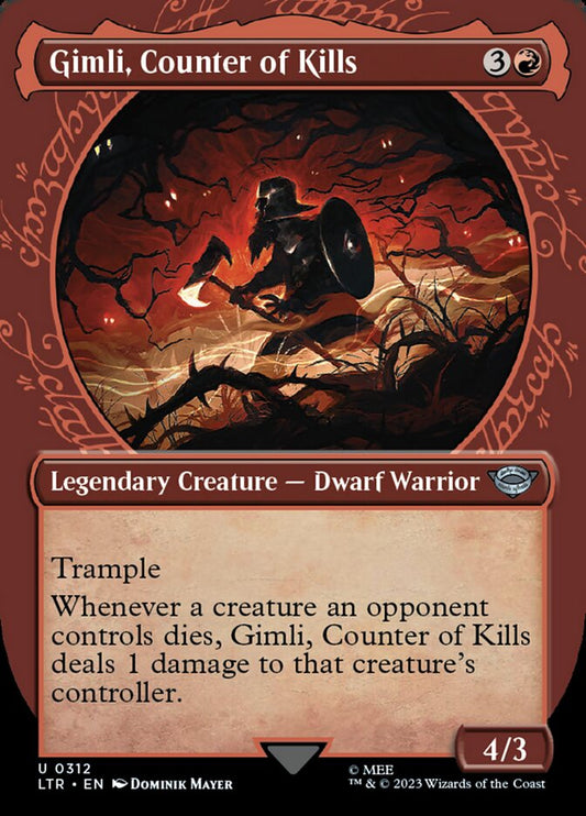 This Is An Image Of The Magic The Gathering Card Gimli, Counter of Kills From The Set The Lord of the Rings: Tales of Middle-earth - Designed By Artist Viko Menezes