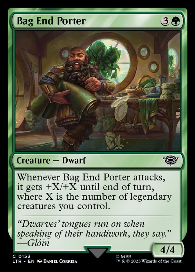 This Is An Image Of The Magic The Gathering Card Bag End Porter From The Set The Lord of the Rings: Tales of Middle-earth - Designed By Artist Daniel Correia