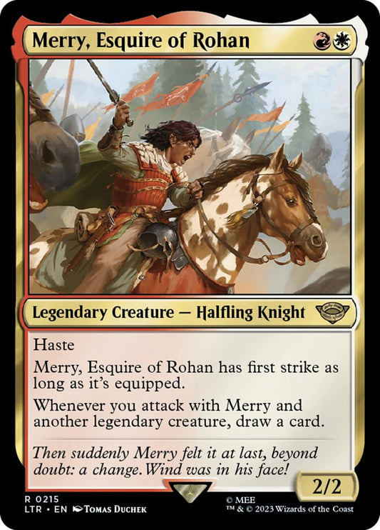 This Is An Image Of The Magic The Gathering Card Merry, Esquire of Rohan From The Set The Lord of the Rings: Tales of Middle-earth - Designed By Artist Tomas Duchek