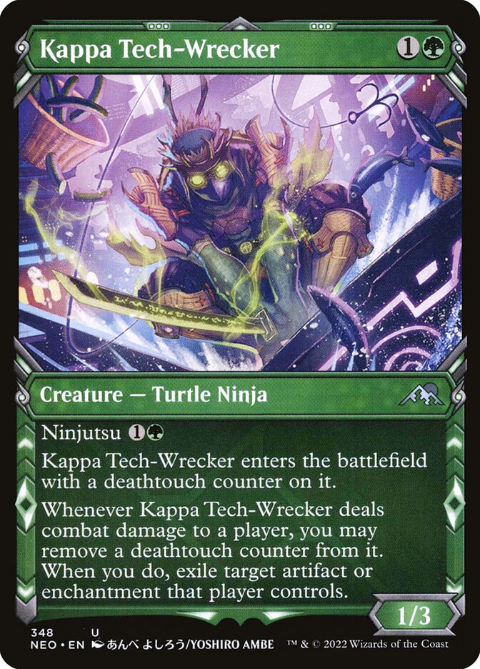 This Is An Image Of The Magic The Gathering Card Kappa Tech-Wrecker From The Set Kamigawa: Neon Dynasty - Designed By Artist Jehan Choo