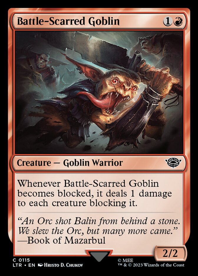 This Is An Image Of The Magic The Gathering Card Battle-Scarred Goblin From The Set The Lord of the Rings: Tales of Middle-earth - Designed By Artist Hristo D. Chukov
