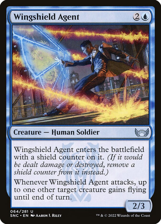 This Is An Image Of The Magic The Gathering Card Wingshield Agent From The Set Streets of New Capenna - Designed By Artist Aaron J. Riley