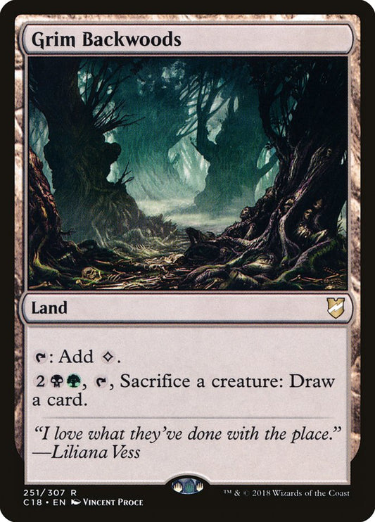 This Is An Image Of The Magic The Gathering Card Grim Backwoods From The Set Duskmourn: House of Horror Commander - Designed By Artist Vincent Proce