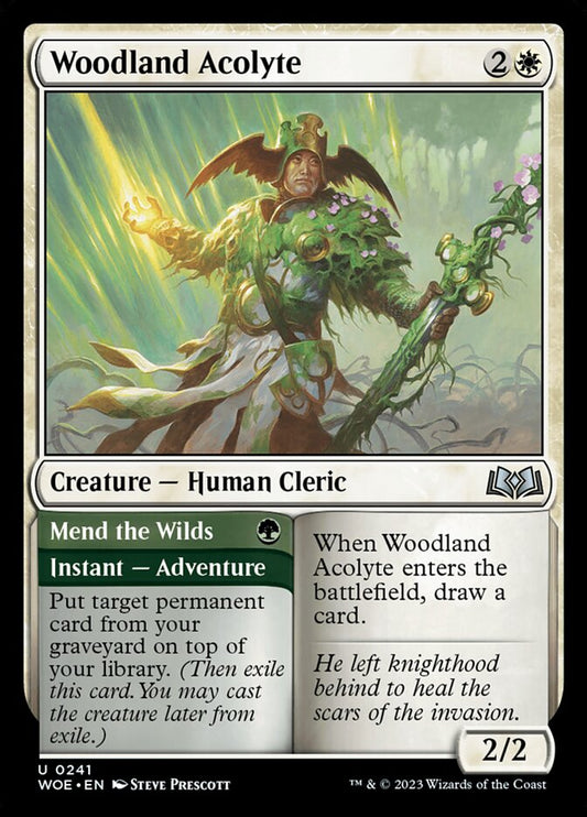 This Is An Image Of The Magic The Gathering Card Woodland Acolyte // Mend the Wilds From The Set Wilds of Eldraine - Designed By Artist Steve Prescott