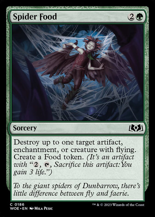 This Is An Image Of The Magic The Gathering Card Spider Food From The Set Wilds of Eldraine - Designed By Artist Mila Pesic
