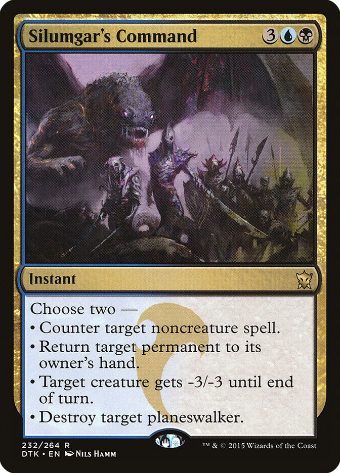 This Is An Image Of The Magic The Gathering Card Silumgar's Command From The Set Zendikar Rising Commander - Designed By Artist Nils Hamm