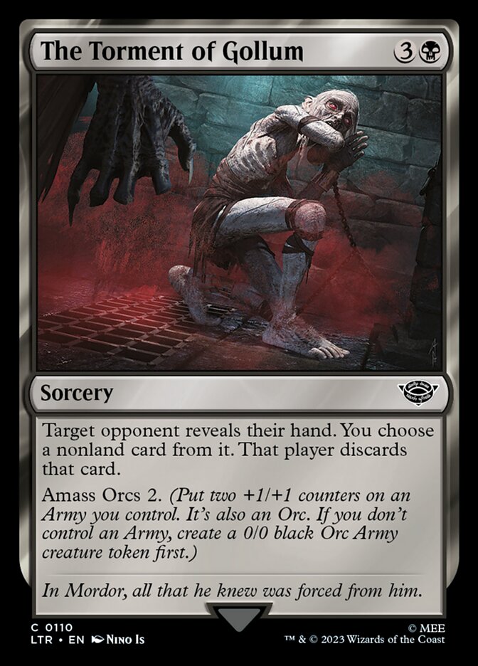 This Is An Image Of The Magic The Gathering Card The Torment of Gollum From The Set The Lord of the Rings: Tales of Middle-earth - Designed By Artist Nino Is