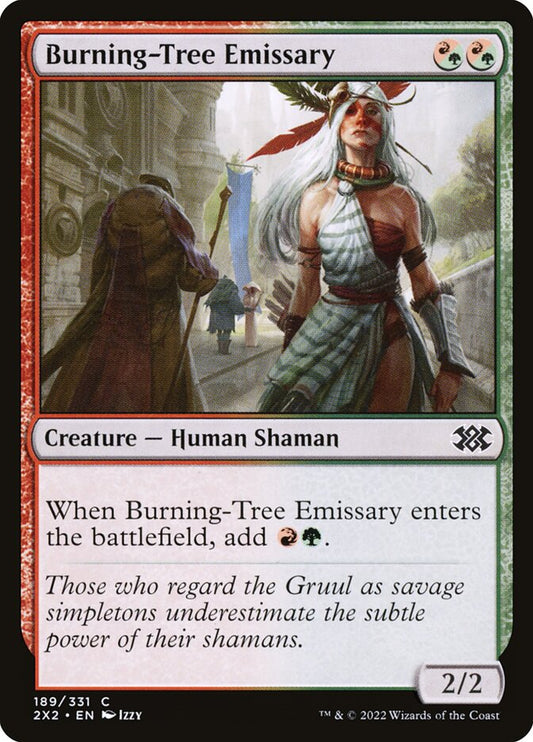 This Is An Image Of The Magic The Gathering Card Burning-Tree Emissary From The Set Double Masters 2022 - Designed By Artist Izzy