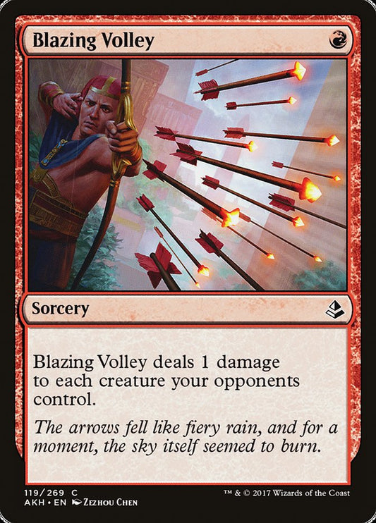This Is An Image Of The Magic The Gathering Card Blazing Volley From The Set Ikoria: Lair of Behemoths - Designed By Artist Heonhwa Choe