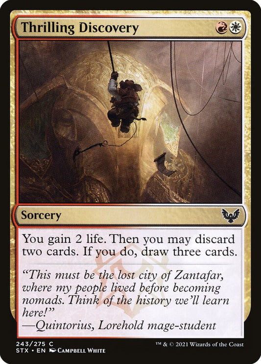 This Is An Image Of The Magic The Gathering Card Thrilling Discovery From The Set Outlaws of Thunder Junction Commander - Designed By Artist Campbell White