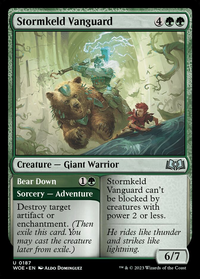 This Is An Image Of The Magic The Gathering Card Stormkeld Vanguard // Bear Down From The Set Wilds of Eldraine - Designed By Artist Aldo Domínguez