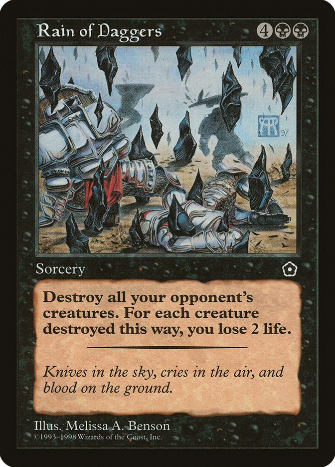 This Is An Image Of The Magic The Gathering Card Rain of Daggers From The Set Masters Edition IV - Designed By Artist Melissa A. Benson