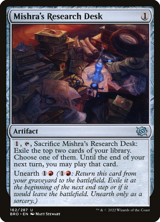 This Is An Image Of The Magic The Gathering Card Mishra's Research Desk From The Set The Brothers' War - Designed By Artist Matt Stewart