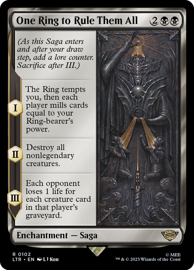 This Is An Image Of The Magic The Gathering Card One Ring to Rule Them All From The Set The Lord of the Rings: Tales of Middle-earth - Designed By Artist L J Koh