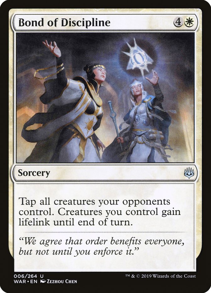 This Is An Image Of The Magic The Gathering Card Bond of Discipline From The Set War of the Spark - Designed By Artist Zezhou Chen