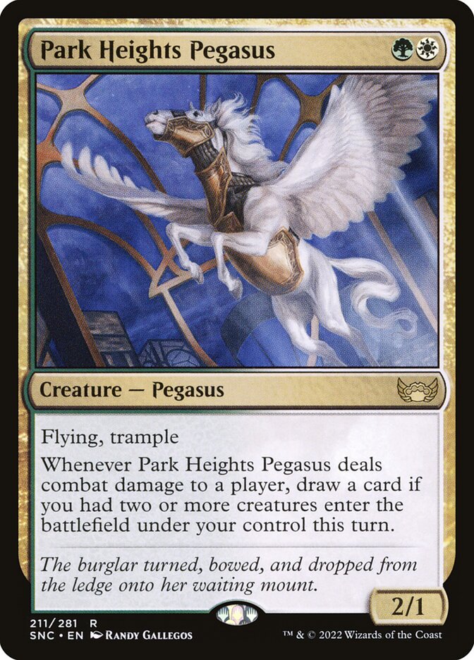 This Is An Image Of The Magic The Gathering Card Park Heights Pegasus From The Set Streets of New Capenna - Designed By Artist Randy Gallegos