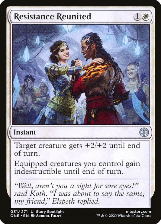 This Is An Image Of The Magic The Gathering Card Resistance Reunited From The Set Phyrexia: All Will Be One - Designed By Artist Aurore Folny